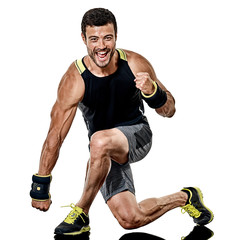 one caucasian fitness man exercising cardio boxing exercises in studio  isolated on white background