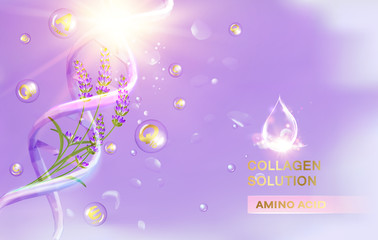 Lavender cream and oil. Women care cosmetic in beautiful bottles over green background. Moisturizer with Vitamins and Regenerate Cream containes lavender essence. Vector illustration.