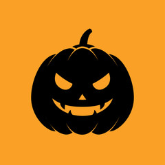 Icono plano silueta calabaza Halloween negro en fondo naranja