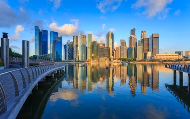 Fotobehang City view of Singapore financial district and business building Singapore City, View of singapore city at Sunrise or morning © CHATCHAI