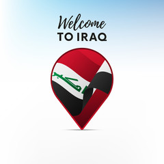 Obraz premium Flag of Iraq in shape of map pointer or marker. Welcome to Iraq. Vector illustration.