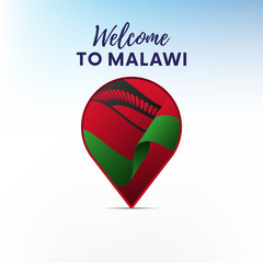 Flag of Malawi in shape of map pointer or marker. Welcome to Malawi. Vector illustration.