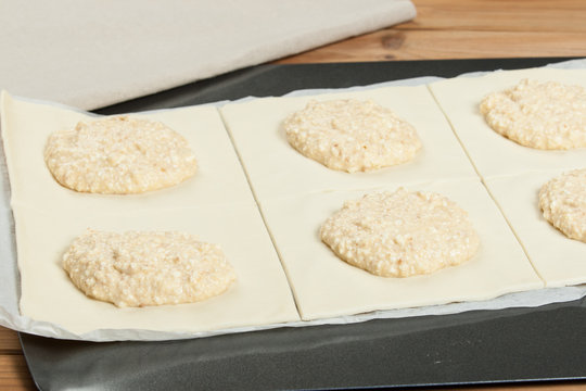 Cooking Of Homebaked Hungarian Cheese Puff Pastry Parcels.