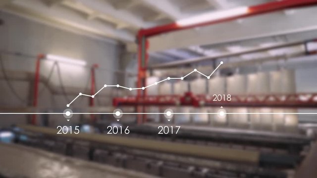 Graph of statistics growth, motion graphic. Automatic production line on background. Manufacture.