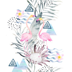 Watercolor summer pattern. Abstract tropical print with geometrical elements. Hand drawn illustration