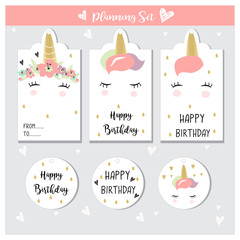 cute Unicorn birthday cards/tags in vector