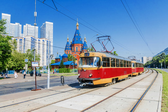 Red retro tram in Moscow