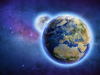 Galaxy universe planet Earth and Moon 3d rendering