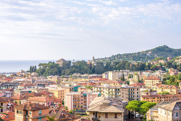 Fototapeta na wymiar Morning view from above to cloudy day in Santa Margherita Ligure city and sea in Italy