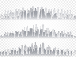 Vector isolated silhouette set of big city town, skyscrapers building, business centers. Twilight, blue sunset, panorama of the city on the horizon, urban design vector illustration.