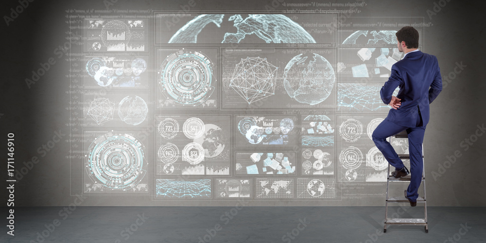 Poster Businessman using graph screens interface on a wall 3D rendering