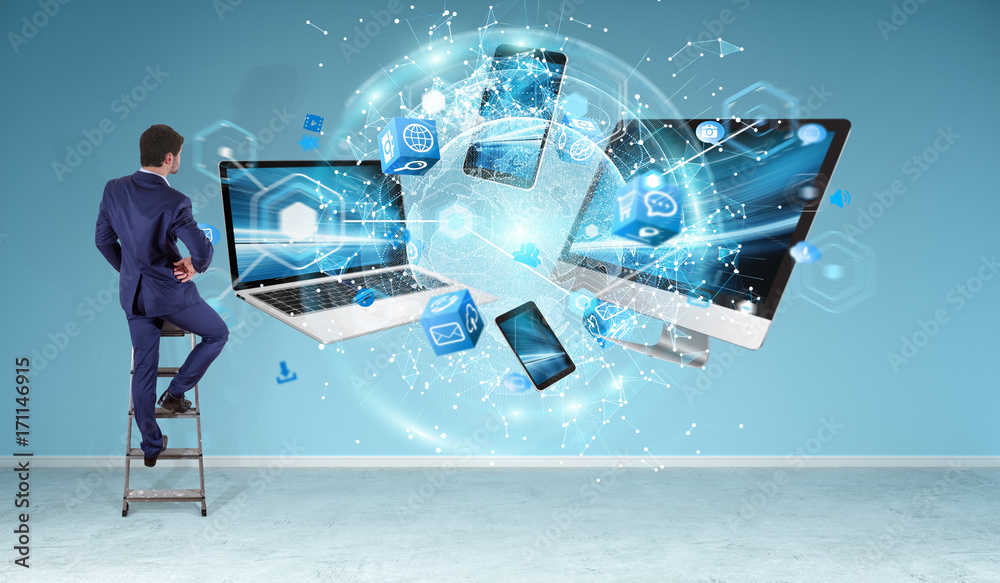 Poster Tech devices connected to each other by businessman 3D rendering