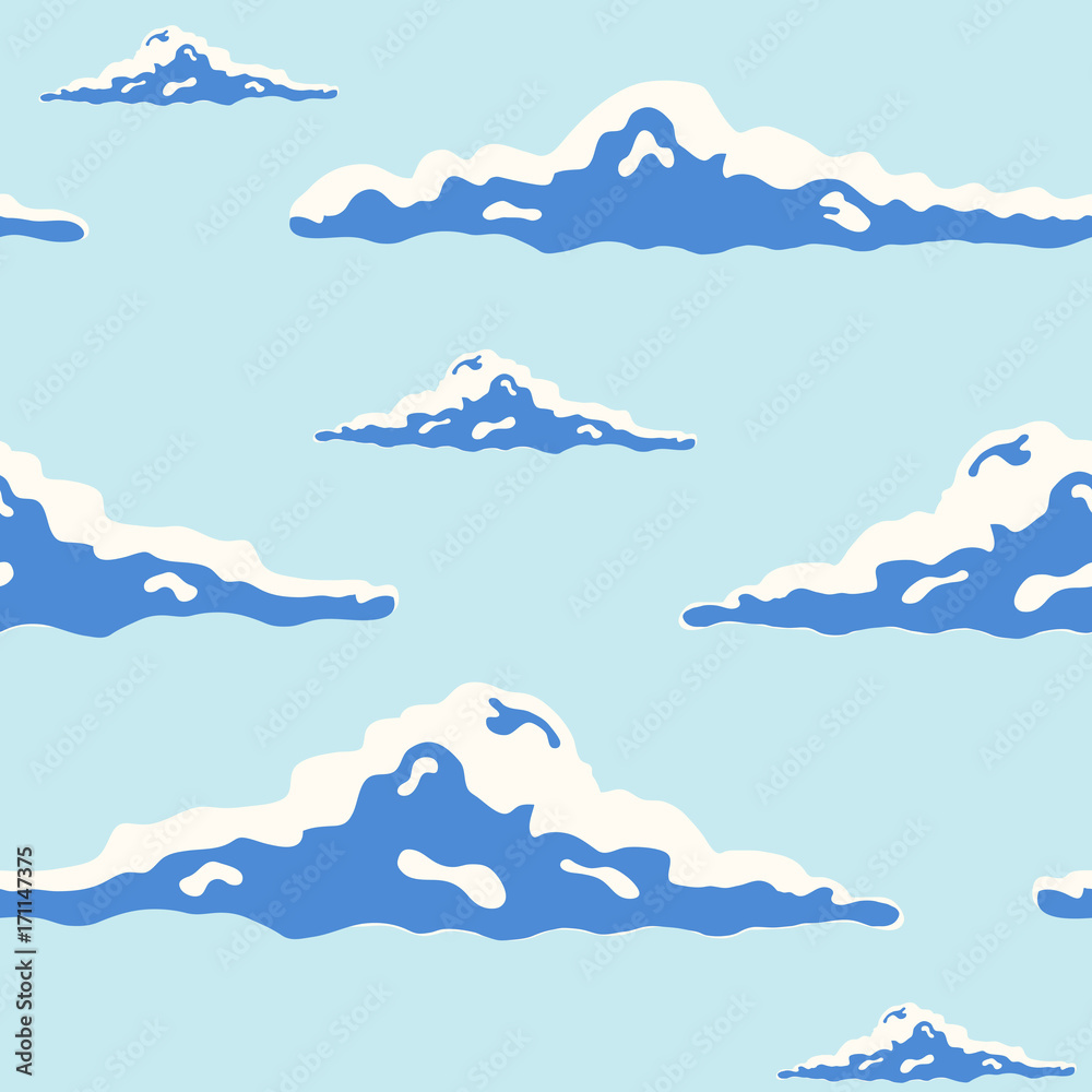 Poster Beautiful seamless pattern with curly clouds of different size in blue sky drawn in pop art style. Backdrop with cloudscape. Modern vector illustration for wallpaper, fabric print, wrapping paper.