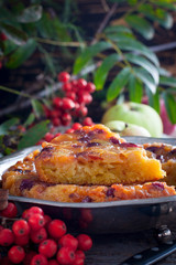 Inverted apple pie with cranberries, selective focus