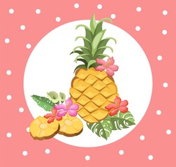 Tropic pineapple and exotic flowers template background Vector illustration
