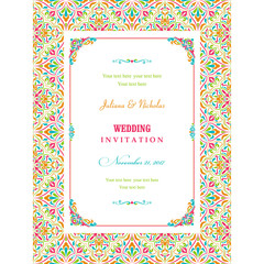 Wedding invitation cards  baroque style blue, green and red. Vintage  Pattern. Retro Victorian ornament. Frame with flowers elements. Vector illustration.