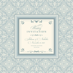 Wedding invitation cards  baroque style blue and beige. Vintage  Pattern. Retro Victorian ornament. Frame with flowers elements. Vector illustration.