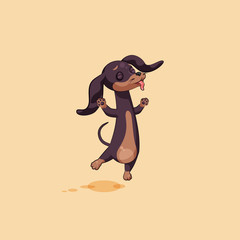Vector stock illustration emoji of cartoon character dog talisman, phylactery hound, mascot pooch, bowwow dachshund sticker emoticon German badger-dog jumping joy, showing tongue happy