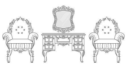 Armchair and dressing table with luxurious ornaments. Vector French Luxury rich intricate structure. Victorian Royal Style decor