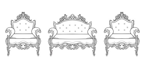 Armchair furniture with luxurious ornaments. Vector French Luxury rich intricate structure. Victorian Royal Style decor