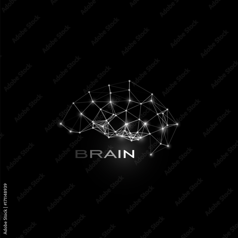 Poster white isolated lines and dots brain, vector shape, polygonal artificial intelligence, data base logo