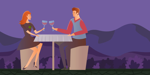Young couple in love, romantic dinner outdoor. Young man and woman on a date in the night mountain landscape. Vector illustration.
