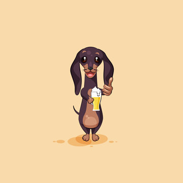 Vector stock illustration emoji of cartoon character dog talisman, phylactery hound, mascot pooch, bowwow dachshund sticker emoticon German badger-dog cheer up toast with beer