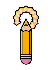 Thin line sharpened pencil icon with shavings around. Simple linear logo for drawing, office work, studying. Sharp pencil with eraser isolated on white background