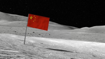 Chinese flag stuck in the rocky moon surface with stars and moonscape
