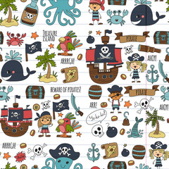 Vector seamless pattern Pirate party for children Kindergarten Kids children drawing style illustration Picutre with pirate, whale, treasure island, treasure map, skulls, flag, ship Birthday party