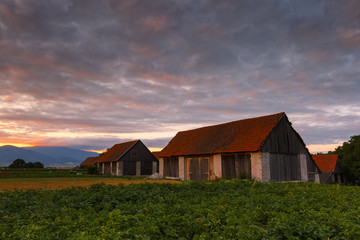 Fototapeta na wymiar Traditional barns on the edge of a village in northern Slovakia. 