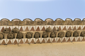 Nidos de golondrinas.
Gran cantidad de nidos construidos en el alero del tejado.
