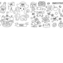Vector seamless pattern Pirate party for children Kindergarten Kids children drawing style illustration Picutre with pirate, whale, treasure island, treasure map, skulls, flag, ship Birthday party