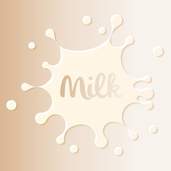 Milk stain logo, white blot on milky color background. Dairy product design element template, vector illustration.