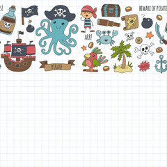 Vector seamless pattern Pirate party for children Kindergarten Kids children drawing style illustration Picutre with pirate, whale, treasure island, treasure map, skulls, flag, ship Birthday party