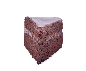 a slice of chocolate cake on white background