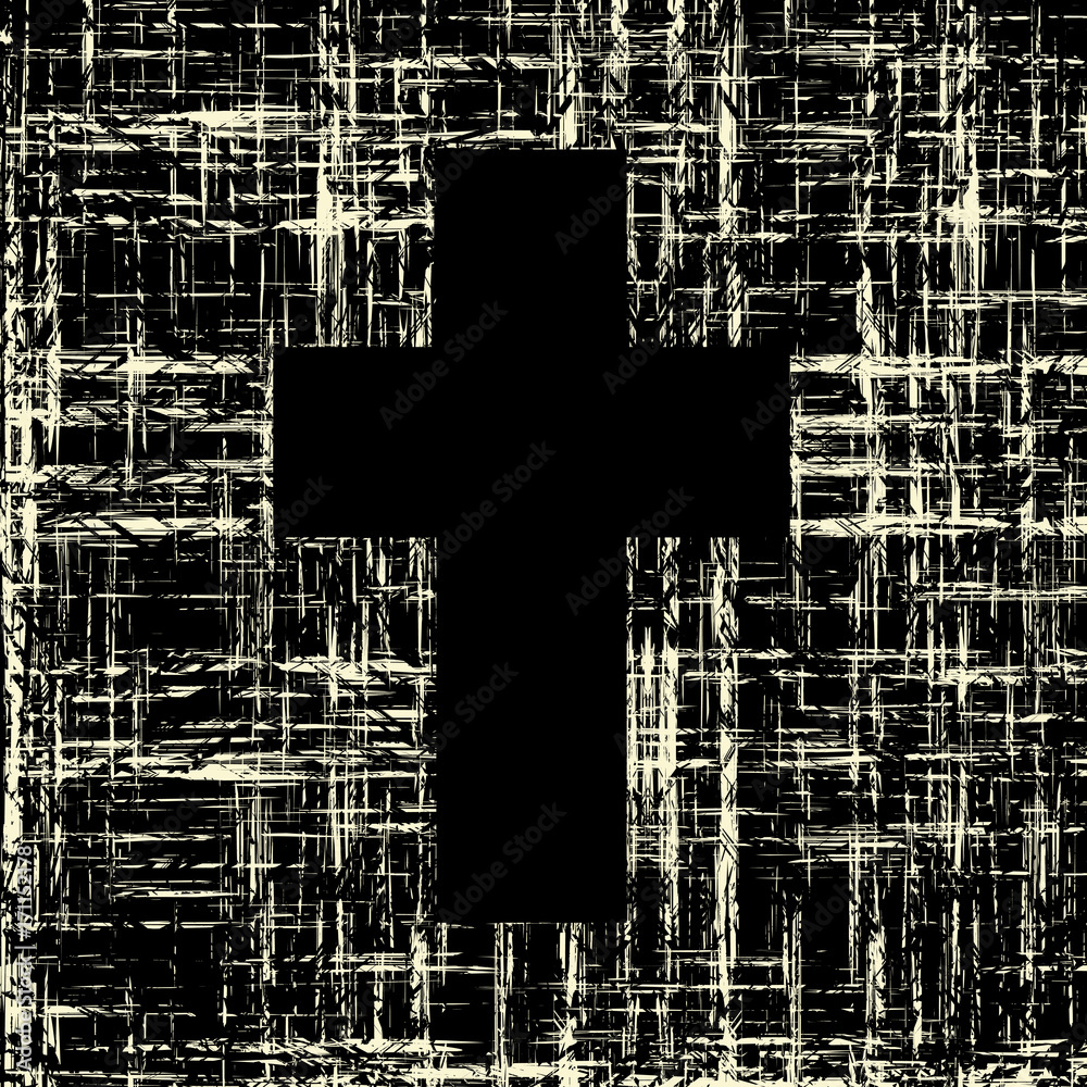 Wall mural Vector sign of black cross on a dark scratched background in grunge style