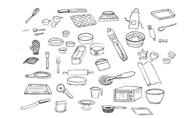 Icon set of line drawings of tools used in the kitchen for baking, muffin tray, whisk, loaf pan, rolling pin, pizza peel, oven thermometer, apron, oven mitts, microplane zester