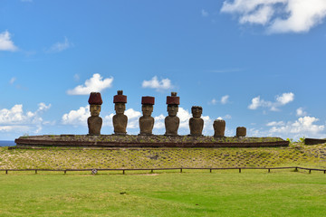 Moai statues in the Rano Raraku Volcano in Easter Island, Chile