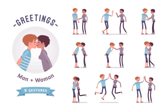 Male and female greeting character set, various poses, emotions
