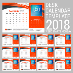 Desk calendar set for 2018 year. Design print template with abstract background. Place for photo. Red and black colors. Two months on the page. Week starts on Monday. Vector Illustration