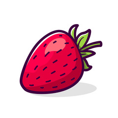 Strawberry with green leaves isolated on white background. Vector illustration of fruit dessert in flat outline style for sticker or logo design