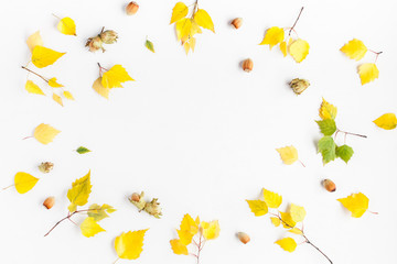 Autumn frame made of birch tree leaves, hazelnuts on white background. Autumn, fall concept. Flat lay, top view, copy space