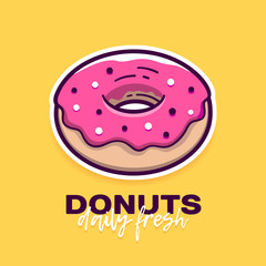 Donut with pink icing in modern flat outline style and slogan Daily Fresh. Cartoon doughnut icon or label for logo and cafe menu. Vector banner design