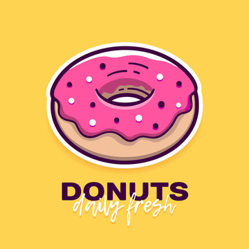 Donut With Pink Icing In Modern Flat Outline Style And Slogan Daily Fresh. Cartoon Doughnut Icon Or Label For Logo And Cafe Menu. Vector Banner Design