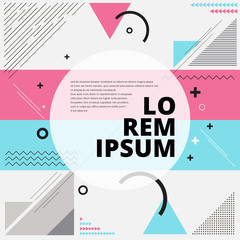 Fototapeta premium Abstract geometric composition forms modern background with decorative triangles, circle, cross, wavy, lines and patterns backdrop vector