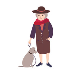 Smiling old lady dressed in elegant clothing holding in leash gray dog sitting beside her. Female cartoon character walking her pet isolated on white background. Colored vector illustration.