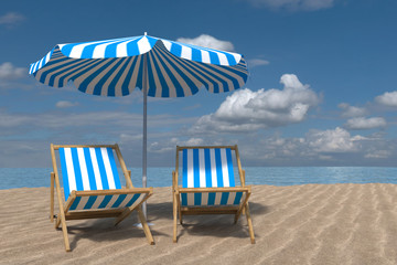 Entspannen am Meer. Zwei Liegestuehle unter einem Sonnenschirm am Strand. Im Hintergrund das Meer. Erstellt in 3D 