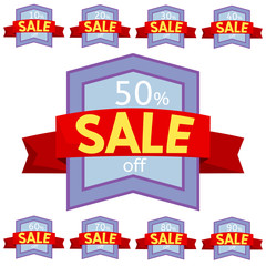 Set of discount stickers. Violet badges with red ribbon for sale 10 - 90 percent off. Vector illustration.
