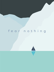 Courage and bravery concept vector with sailboat sailing next to huge glaciers, icebergs or cliffs in cold weather. Symbol of adventure, exploration, voyage.